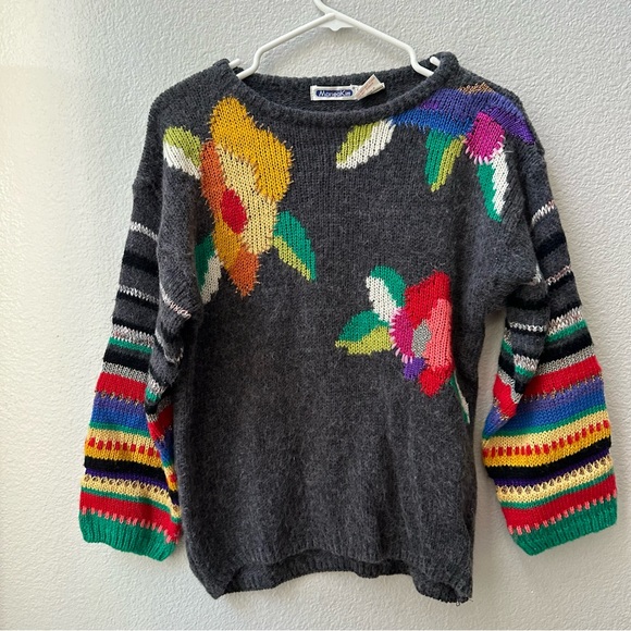 mariea kim vintage knitted gray floral metallic stripe oversize sleeves S - Picture 1 of 7